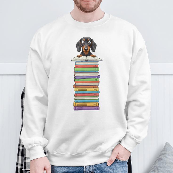 Cute Wiener Dog Dachshund Reading On Pile Of Books Sweatshirt Gifts for Old Men