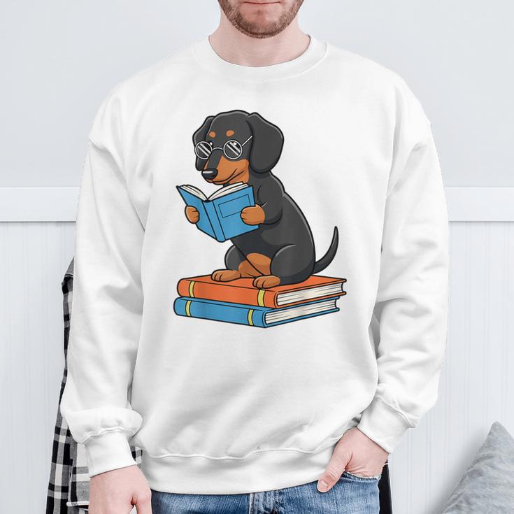 Dachshund Dog With Glasses Reading Book Librarian Sweatshirt Gifts for Old Men