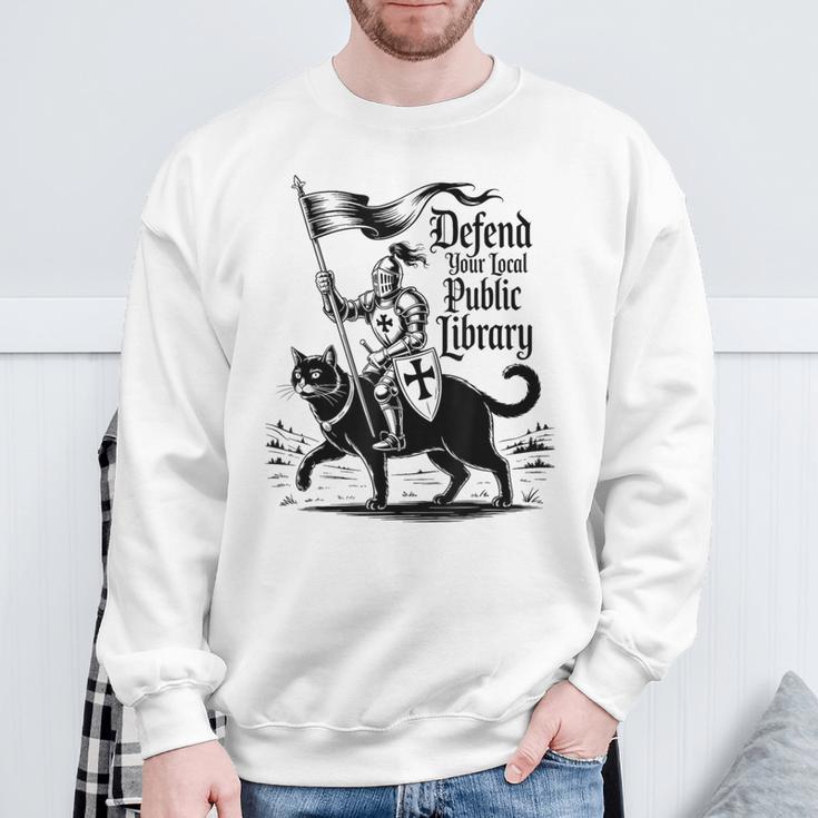 Defend Your Local Public Library Cat Knight Book Lover Sweatshirt Gifts for Old Men