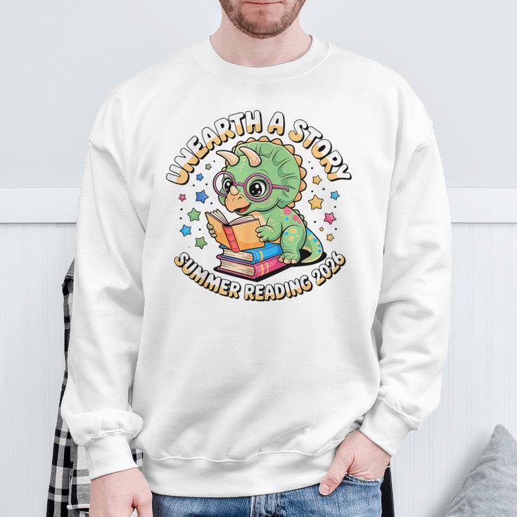Dino Reading Books Unearth a Story Summer Reading Dinosaur Sweatshirt Gifts for Old Men