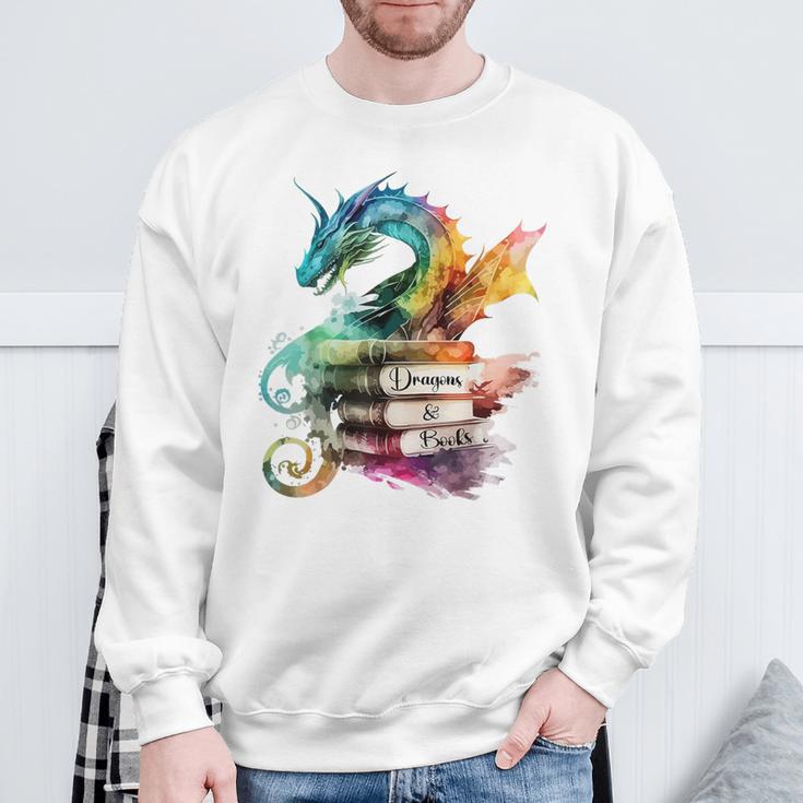 Dragons And Books Watercolor Fantasy Dragon Lover Theme Sweatshirt Gifts for Old Men