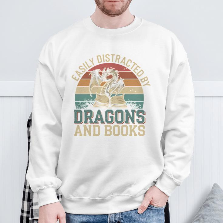 Easily Distracted By Books & Dragons Bookworm Reading Sweatshirt Gifts for Old Men