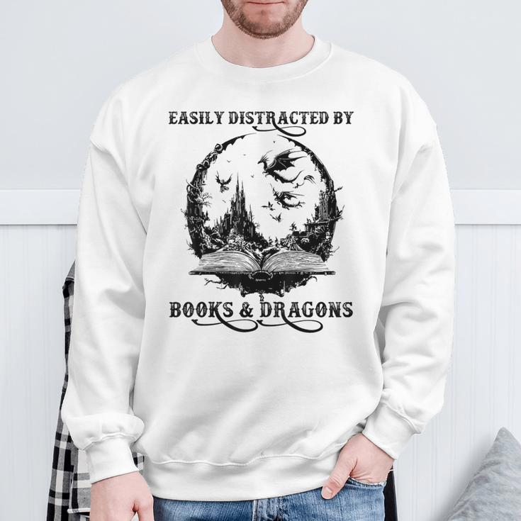 Easily Distracted By Books & Dragons Librarian Book Lover Sweatshirt Gifts for Old Men