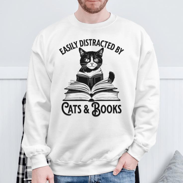 Easily Distracted By Cats And Books Book And Cat Lover Premium Tri-Blend Sweatshirt Gifts for Old Men