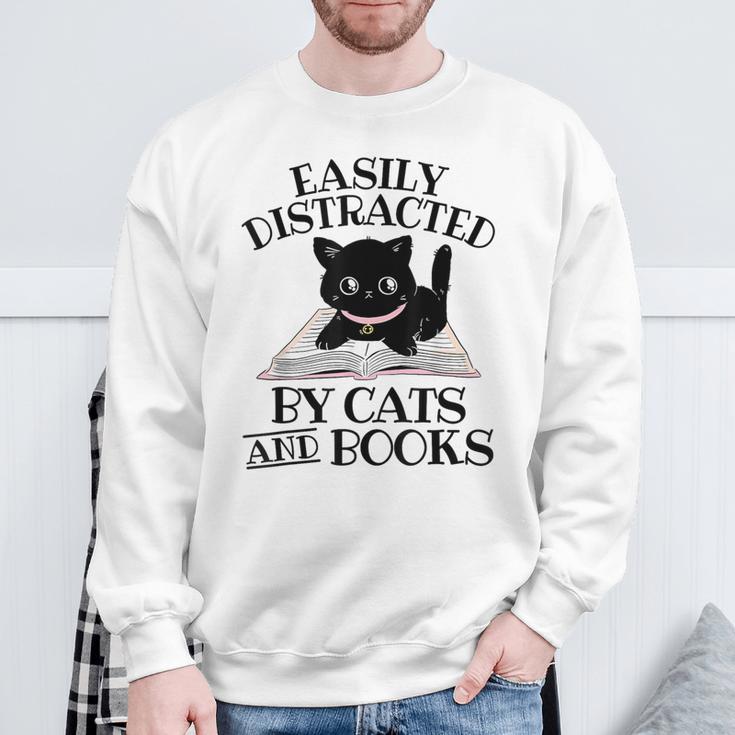 Easily Distracted By Cats And Books Cat Book Lover Sweatshirt Gifts for Old Men