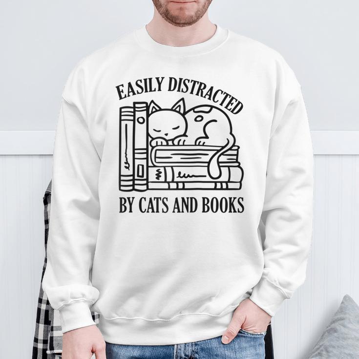 Easily Distracted By Cats And Books Shirt Cat And Book Lover Raglan Baseball Tee Sweatshirt Gifts for Old Men