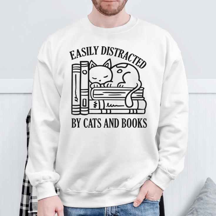 Easily Distracted By Cats And Books Shirt Cat And Book Lover Sweatshirt Gifts for Old Men