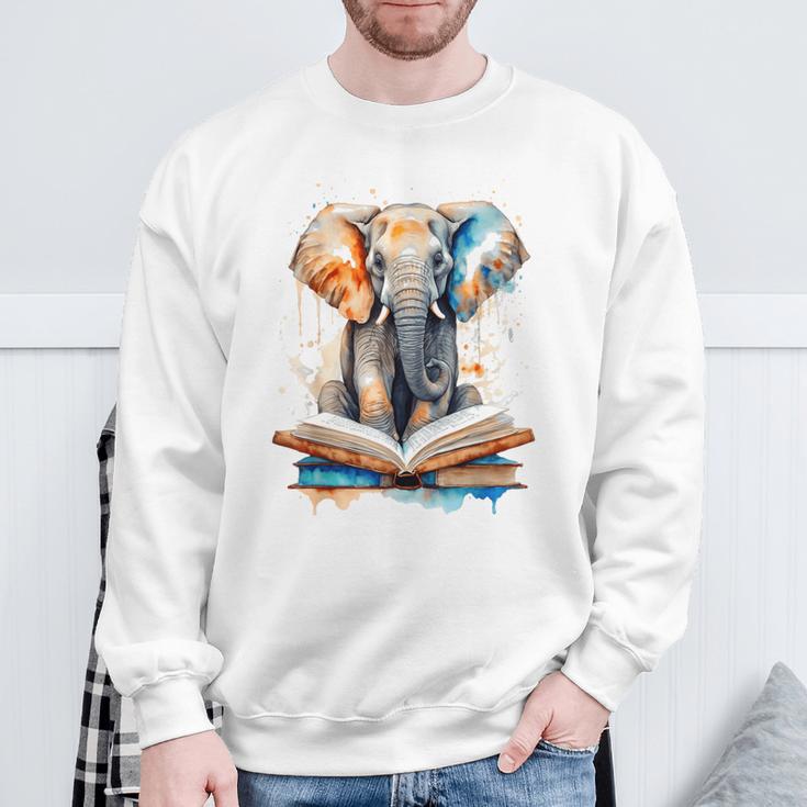 Elephant Reading Book Animal Art Print Graphic Sweatshirt Gifts for Old Men