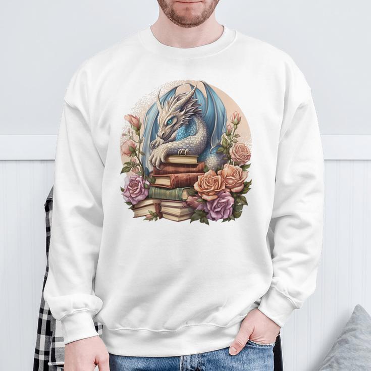 Fantasy Dragon Books Floral Boho Bookworm Sweatshirt Gifts for Old Men