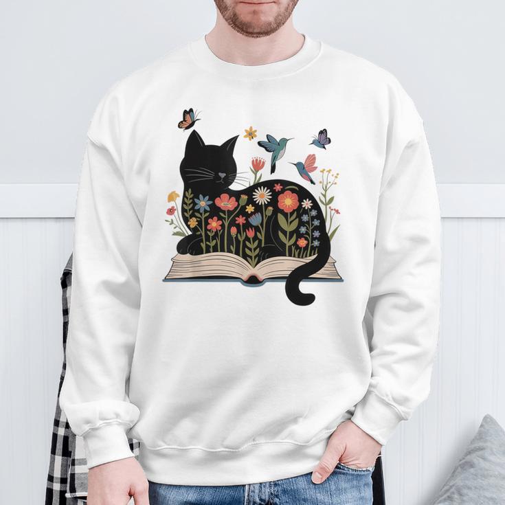 Floral Cat Reading Book Kitten Illustration Sweatshirt Gifts for Old Men