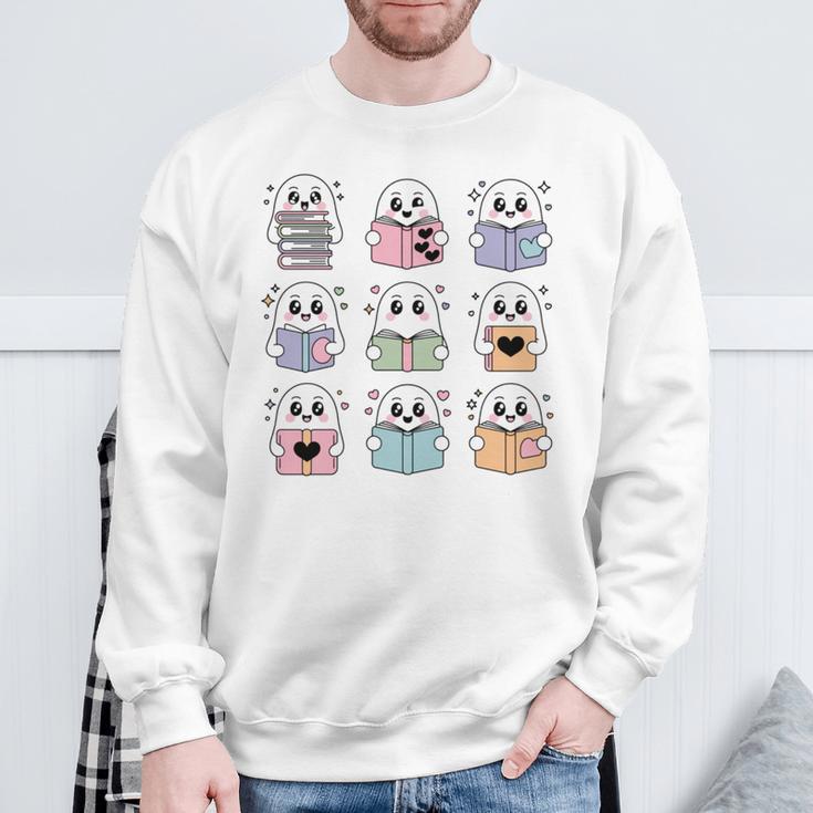 Halloween Ghosts Reading Books Pattern Spooky Kawaii Anime Sweatshirt Gifts for Old Men