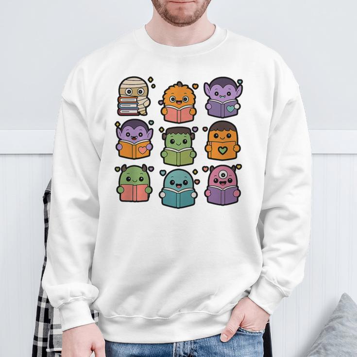 Halloween Monsters Reading Books Pattern Spooky Kawaii Anime Premium Tri-Blend Sweatshirt Gifts for Old Men