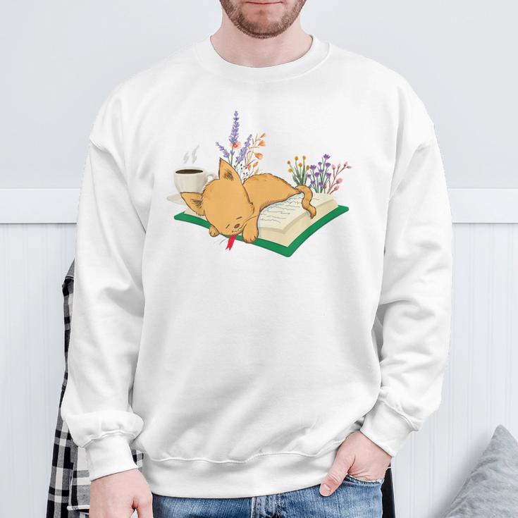 Kawaii Cat Women's Cat Books Flowers Sweatshirt Gifts for Old Men