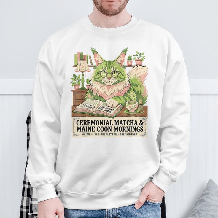Matcha Drinking Maine Coon Cat Reading Books Aesthetic Sweatshirt Gifts for Old Men