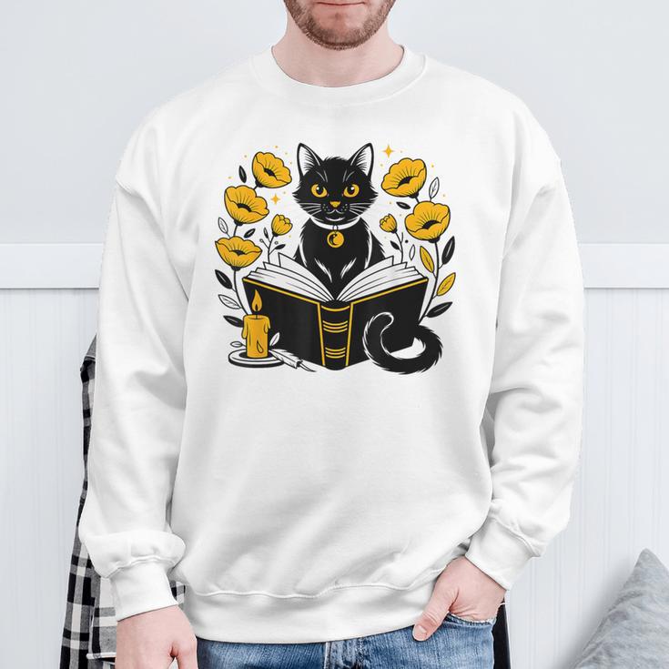 Mystic Cat With Spell Book Candle Flowers Witchcore Men Women Kids Sweatshirt Gifts for Old Men