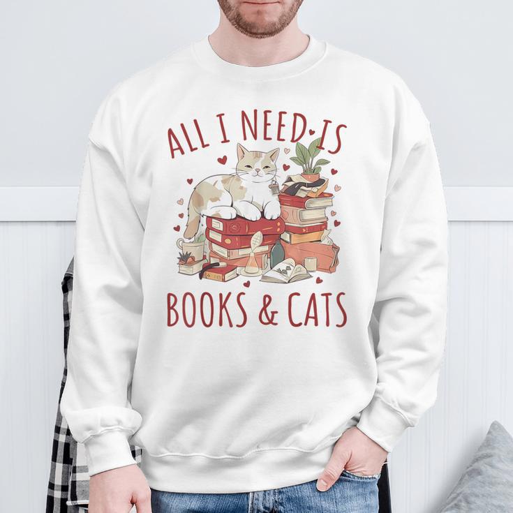 All I Need Is Books And Cats Valentines Day Reading Bookworm Sweatshirt Gifts for Old Men