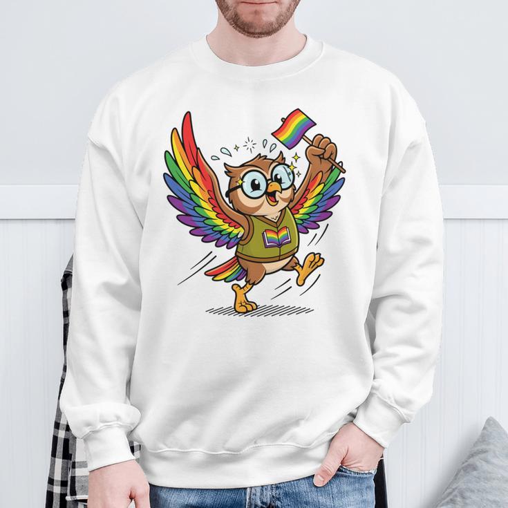 Owl With Pride Flag Book Lover Rainbow Library Sweatshirt Gifts for Old Men