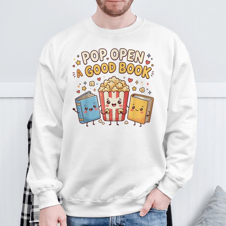 Pop Open A Good Book For School Librarian Popcorn Sweatshirt Gifts for Old Men