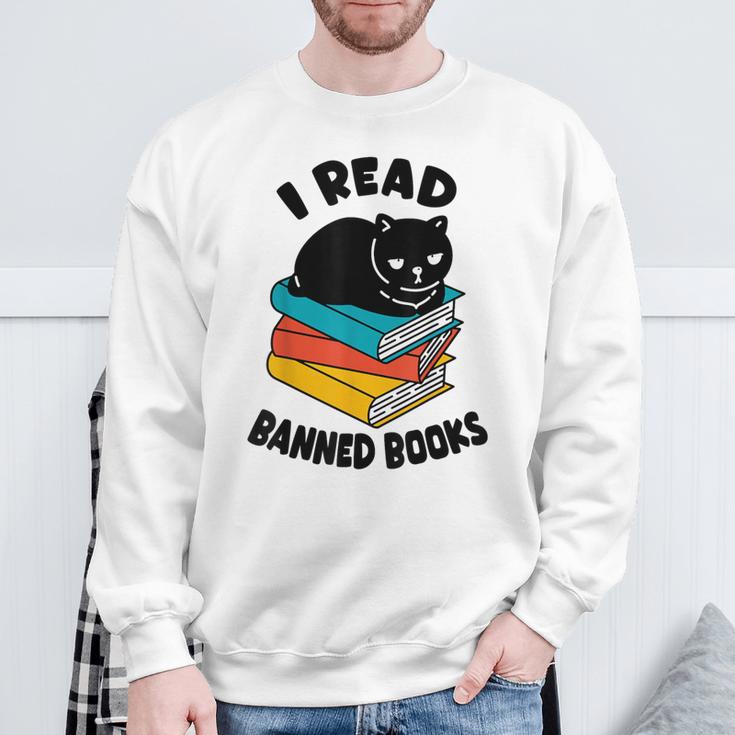 I Read Banned Books Tshirt Cat Reader Bookworm Women Sweatshirt Gifts for Old Men