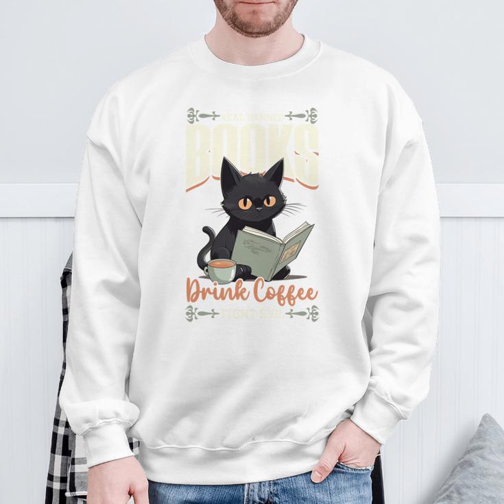 Read Banned Books Drink Coffee Fight Evil Cat Free Speech Sweatshirt Gifts for Old Men