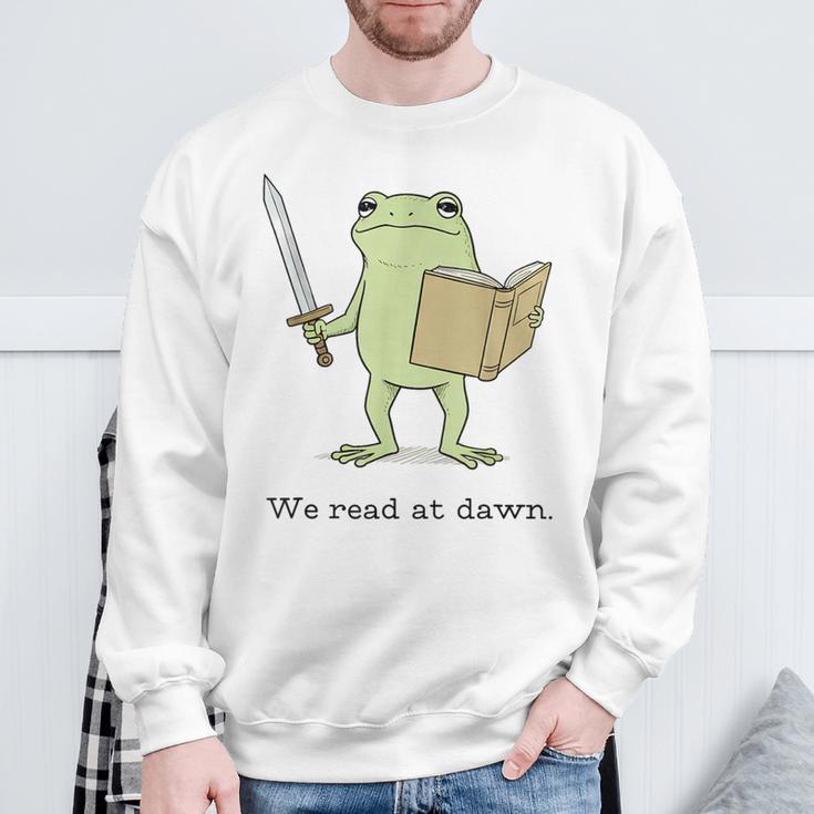 We Read At Dawn Bookish Frog Reading Sweatshirt Gifts for Old Men