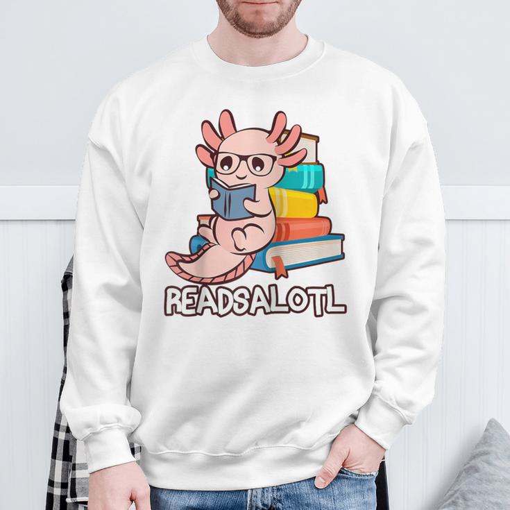 Readalotl a Kawaii Axolotl Reading a Book As Readsalotl Raglan Baseball Tee Sweatshirt Gifts for Old Men