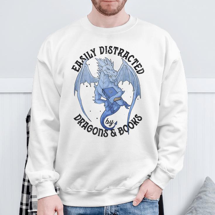 Reading Easily Distracted By Dragons & Books Lover Bookworm Sweatshirt Gifts for Old Men