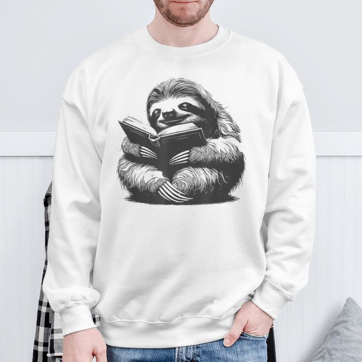 Sleepy Sloth Reading Book Cute Vintage Animal Graphic Sweatshirt Gifts for Old Men
