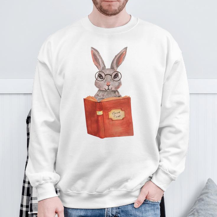 Studious Studying Bunny Book Lover Reading Geek Rabbit Sweatshirt Gifts for Old Men
