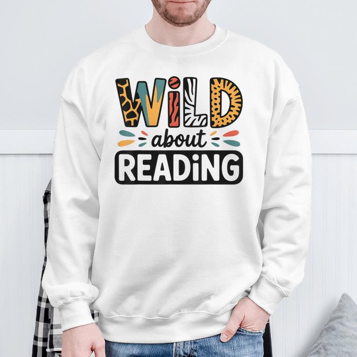 Wild About Reading Reading Books And Bookworm Library Day Sweatshirt Gifts for Old Men