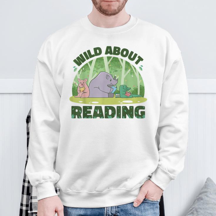 Wild About Reading Books Rhino Pig And Crocodile Sweatshirt Gifts for Old Men