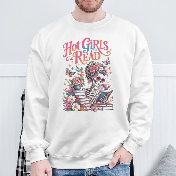 Women's Hot Girls Reader Floral Book Lover Cute Skeleton Reading Sweatshirt Gifts for Old Men