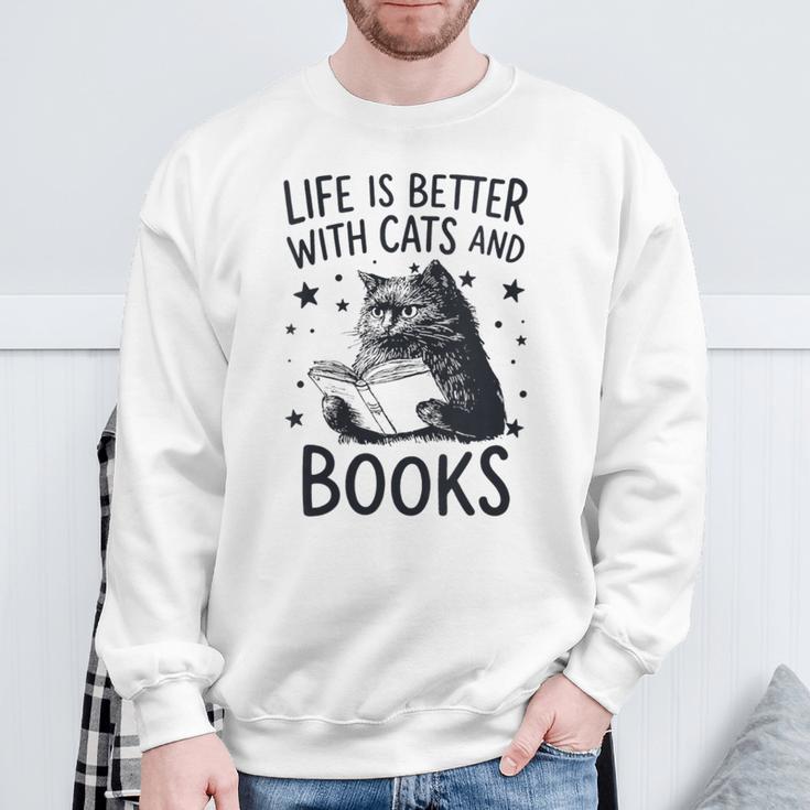 Women's Life Is Better With Cats And Books Cat Sweatshirt Gifts for Old Men