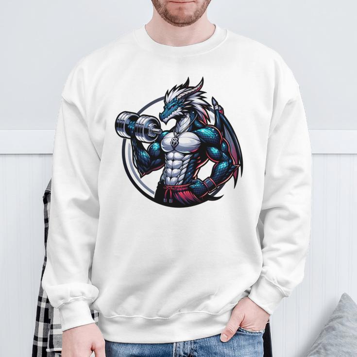 キュートでかわいいグラフィックのドラゴンが筋肉質のシックスパックを表示 長袖tシャツ スウェットシャツ 高齢者への贈り物