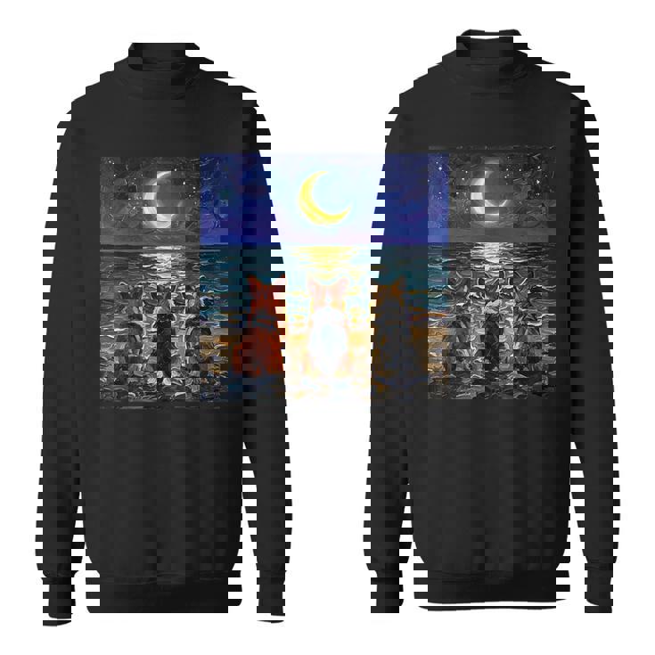 3 コーギーの夜のビーチかわいい犬と三日月のアートワーク スウェットシャツ