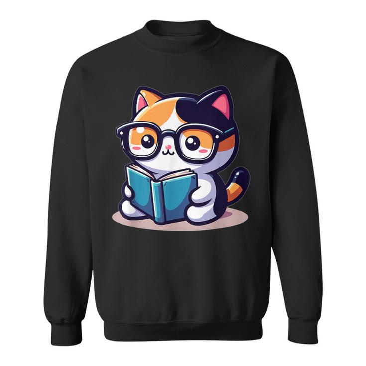 Adorable Book Lover Calico Cat With Reading Glasses Cute For Men Women Kids Sweatshirt
