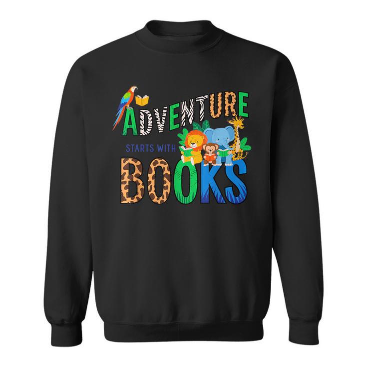 Adventure Starts With Books Jungle Animals Kids Reading Them Sweatshirt