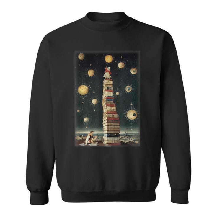 Astrologist Sitting On The Tower Of Stacked Up Books Starry Sweatshirt