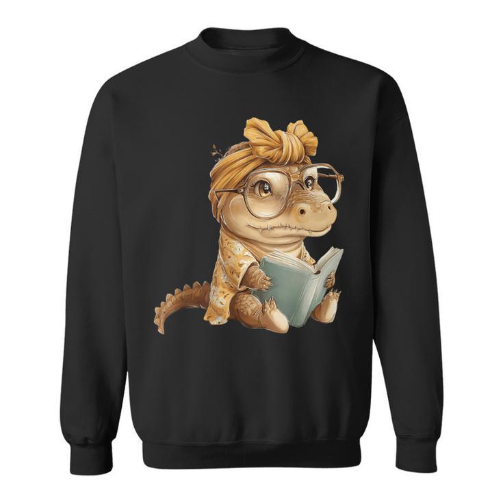 Baby Crocodile Small Book Reading Reptile Graphic Portrait Sweatshirt Baby Crocodile Small Book Reading Reptile Graphic Portrait Sweatshirt