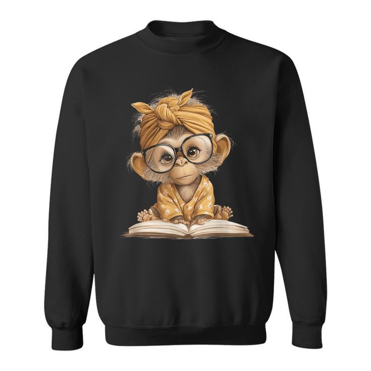 Baby Monkey Open Book Reading Animal Lover Graphic Portrait Sweatshirt