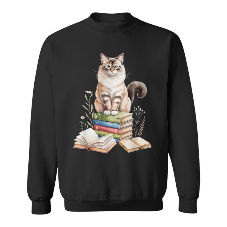 Balinese Cat Longhaired Siamese Books Flowers Book Reading Sweatshirt