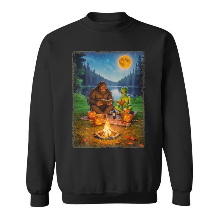 Bigfoot And Alien Reading Books Campfire Halloween Sweatshirt