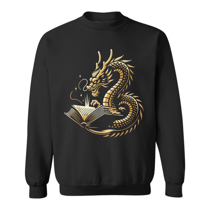 Book Lovers Dragon Fantasy Art Mythical Creatures Yellow Bookworm Chinese Dragon Sweatshirt