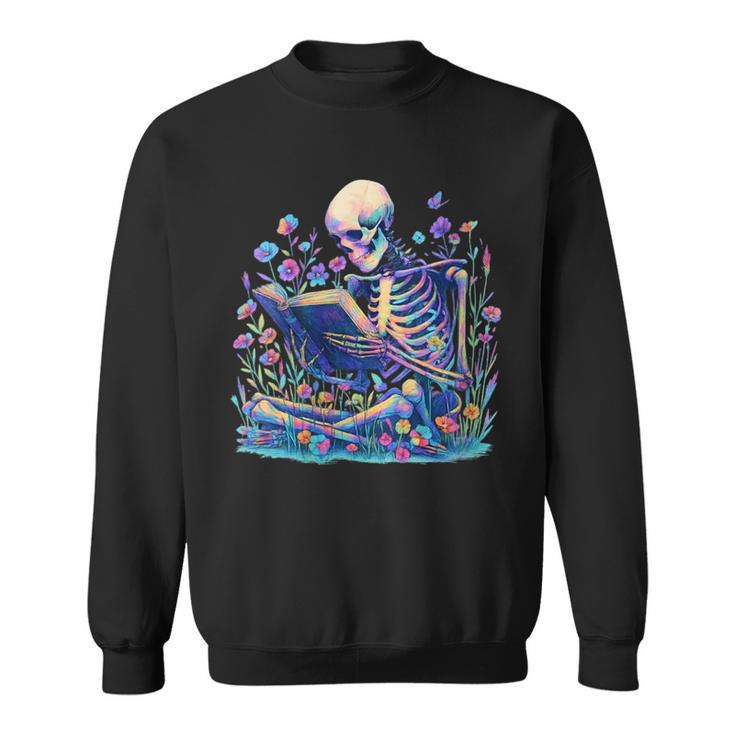 Bookish Skeleton Reading In Wildflowers Book Lover Bookworm Sweatshirt