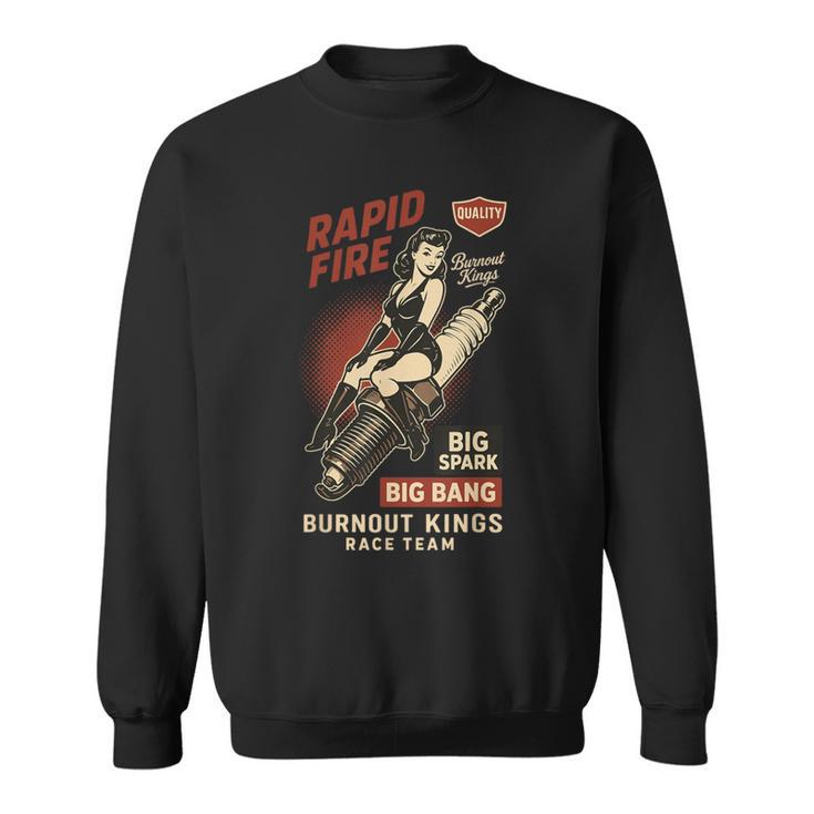 Burnout Kings レトロレーシングスパークプラグガールピンナップ ヴィンテージデザイン スウェットシャツ