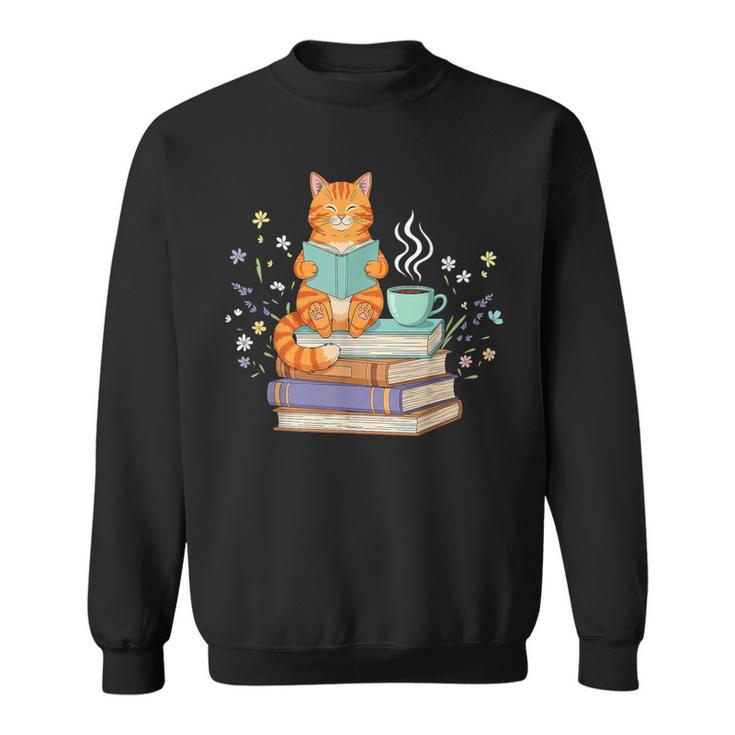 Cat Reading Book Lover Coffee Books Teacher Librarian Cat Sweatshirt