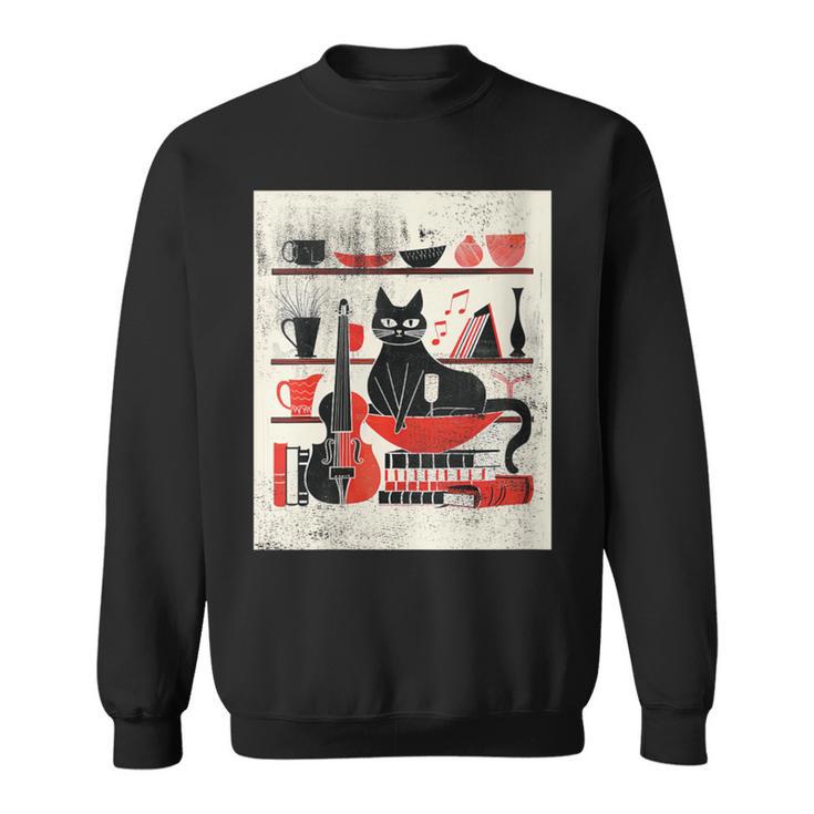 Cats Music Books Lover Essentials Red Retro Silkscreen Sweatshirt