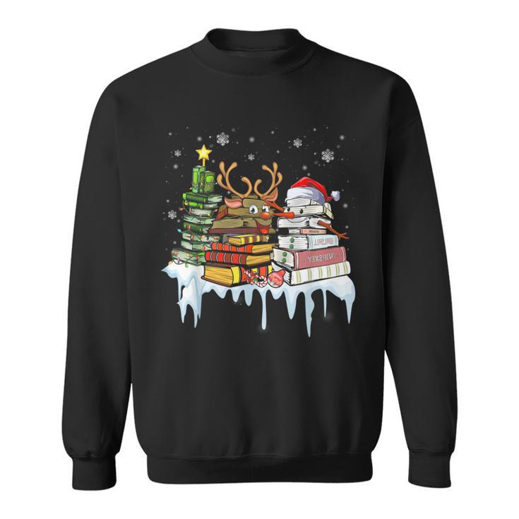 Christmas Tree Snowman Reindeer Book Stack Librarian Sweatshirt