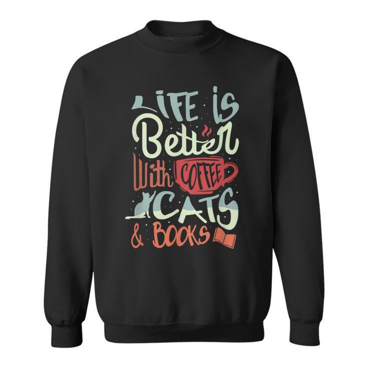 Coffee Cats And Books Cute Kitty Reading Sweatshirt