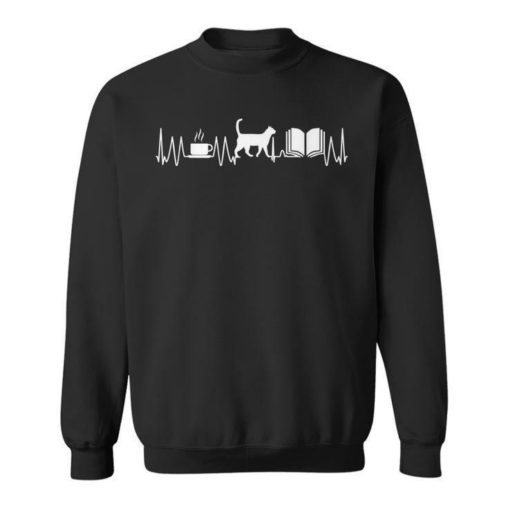 Coffee Tea Cat Book Cats Books Heartbeat Pulse Heart Men Women Kids Sweatshirt